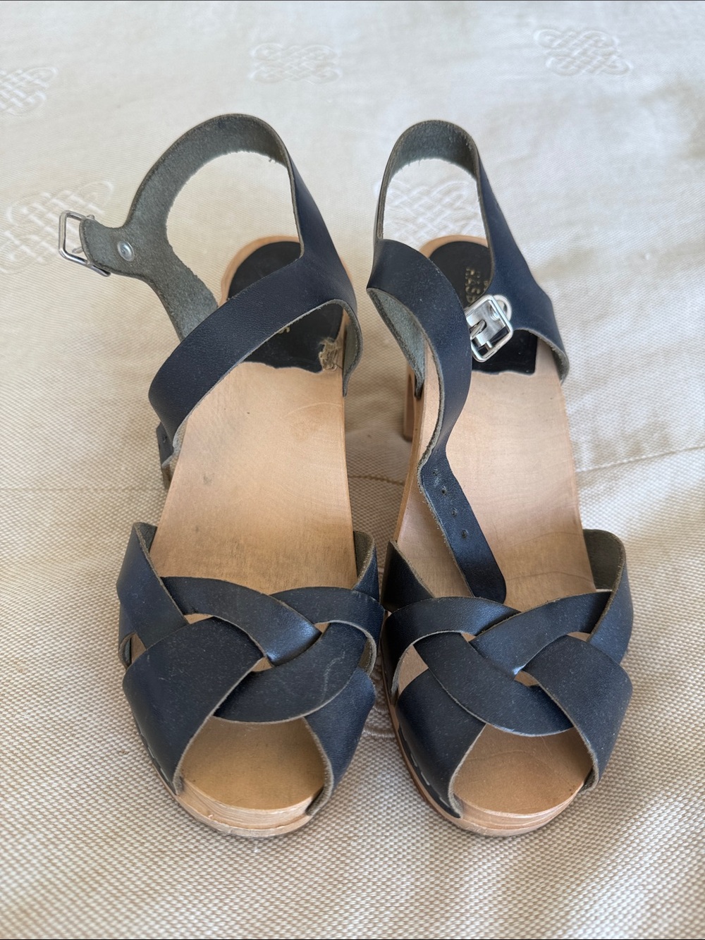 Swedish Hasbeens Black Leather Knotted Wedge Sandals